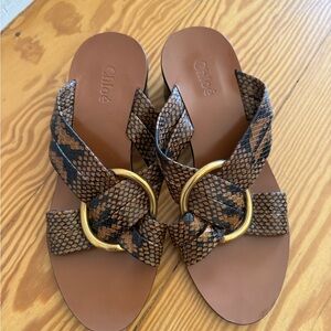 Chloe Tan Snake Print Sandals with Gold Rings